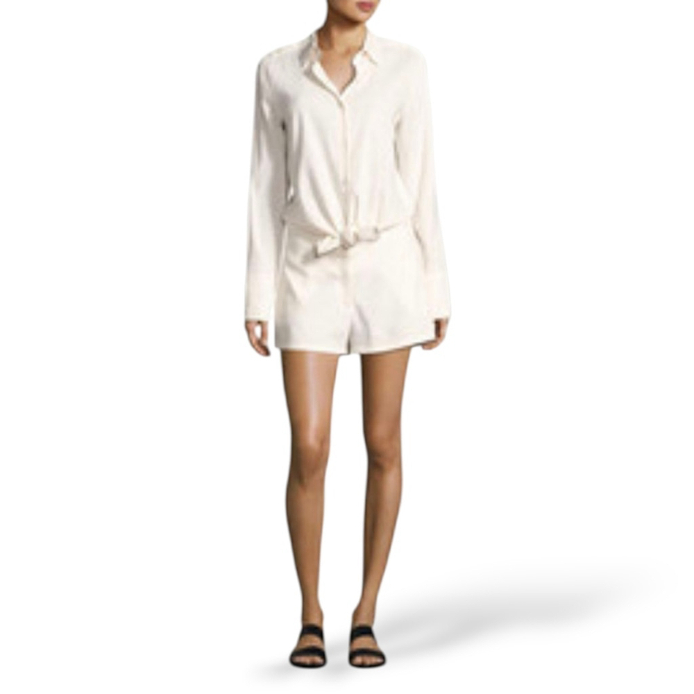Theory Textured Linen Ranay Cut Out | White Shirt Minimalist Romper Sz 10